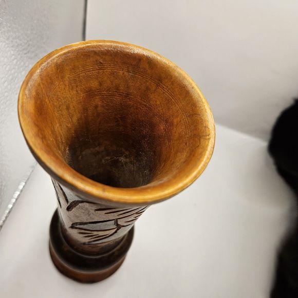Vintage Hand Carved Wooden Vase Bohemian Mid-century Modern 8" Two-tone - Picture 2 of 16